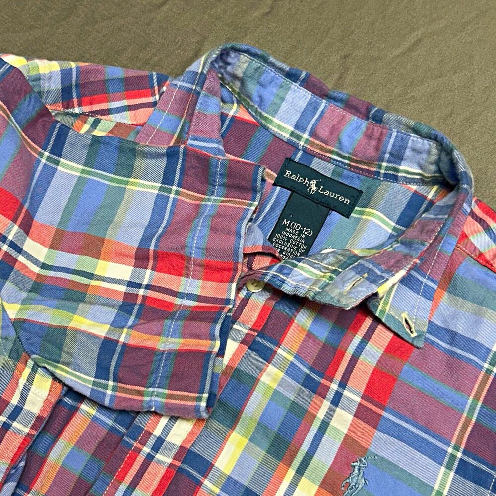 Ralph Lauren Boys Plaid Button-Up Shirt Short Sleeve Button-Down Collar M